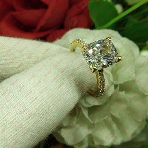 3.20 Carat Cushion Cut Engagement Ring, Bridal Wedding Ring, White Sapphire Anniversary Ring Yellow Gold Finish Sterling Silver Size 4-12