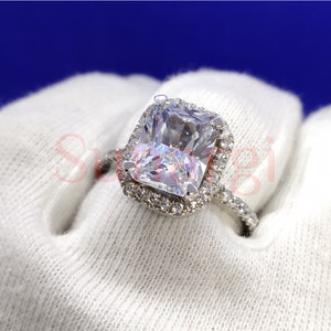 White Sapphire Rings - Beautiful Halo Engagement Ring For Her - 4Ct Radiant Cut Women Wedding Ring White Gold Finish Real Sterling Silver