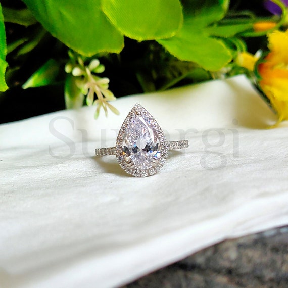 3.45ct Pear Cut White Sapphire Rings Halo Engagement Ring for