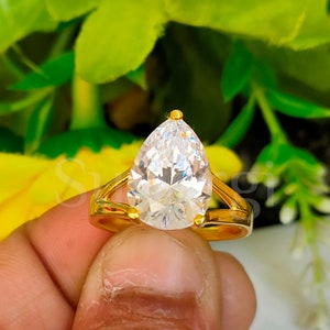 4 Carat Pear Cut White Sapphire Solitaire Split Shank Engagement Ring Yellow Gold Finish, Anniversary Ring Gift for Women in Sterling Silver