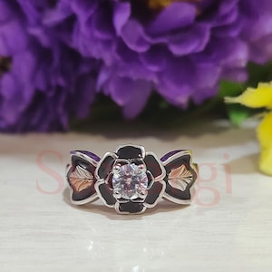Antiqued Black Hills Flower Ring, 1.25 Ct Round Cut White Sapphire Art Deco Leaf Design Engagement Ring, Sterling Silver, Two Tone Gold Over