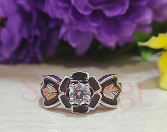 Antiqued Black Hills Flower Ring, 1.25 Ct Round Cut White Sapphire Art Deco Leaf Design Engagement Ring, Sterling Silver, Two Tone Gold Over