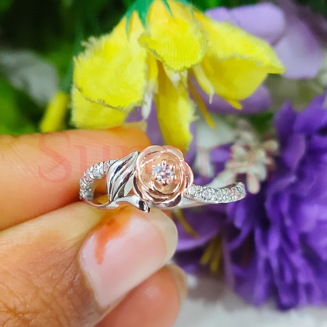 Enchanted Disney Belle Rose Flower Leaf Design Engagement and Wedding Ring,  Anniversary Gift for Her, Sterling Silver, Two Tone Gold Over