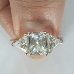 3ct Emerald and Trillion Cut White Sapphire Rings Three Stone Ring, Valentine & Engagement Ring for Women, White Gold Finish Sterling Silver