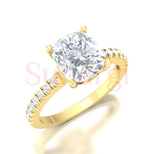 3.20 Carat Cushion Cut Engagement Ring Solitaire Wedding Ring White Sapphire Anniversary Ring Yellow Gold Finish Sterling Silver Size 4-12
