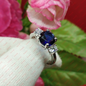 2.85 Carat Blue Sapphire Rings, Round Cut Three Stone Anniversary Ring Women Gift, Engagement Ring White Gold Finish Sterling Silver