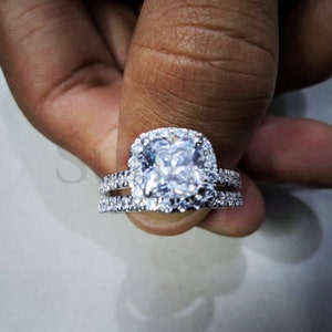 2.75 ct Cushion Cut White Sapphire Rings Beautiful Halo Design Engagement Ring Bridal Set Ring, for Women White Gold Finish Sterling Silver