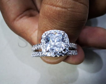 2.75 ct Cushion Cut White Sapphire Rings Beautiful Halo Design Engagement Ring Bridal Set Ring, for Women White Gold Finish Sterling Silver