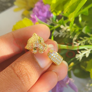 Panther Inspired White Round Sapphire Engagement Ring, Animal Inspired Wedding Ring, Leopard Ring, Yellow Gold Over, 925 Sterling Silver