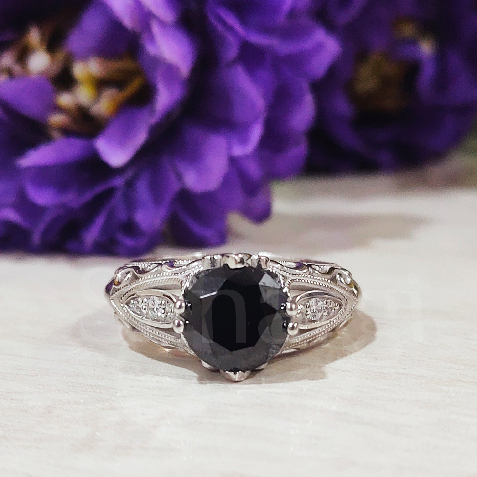 Vintage 2.60 Ct Round Cut Black Sapphire, Milgrain Solitaire