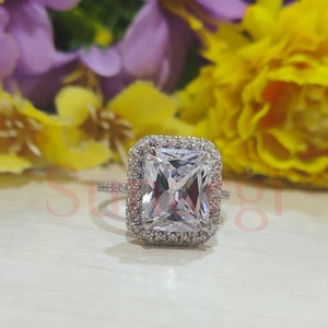 3.5ct Radiant Cut White Sapphire Moissanite Ring, Halo Wedding Engagement Ring, Full Eternity Band, Anniversary Gift for Her, 14K White Gold