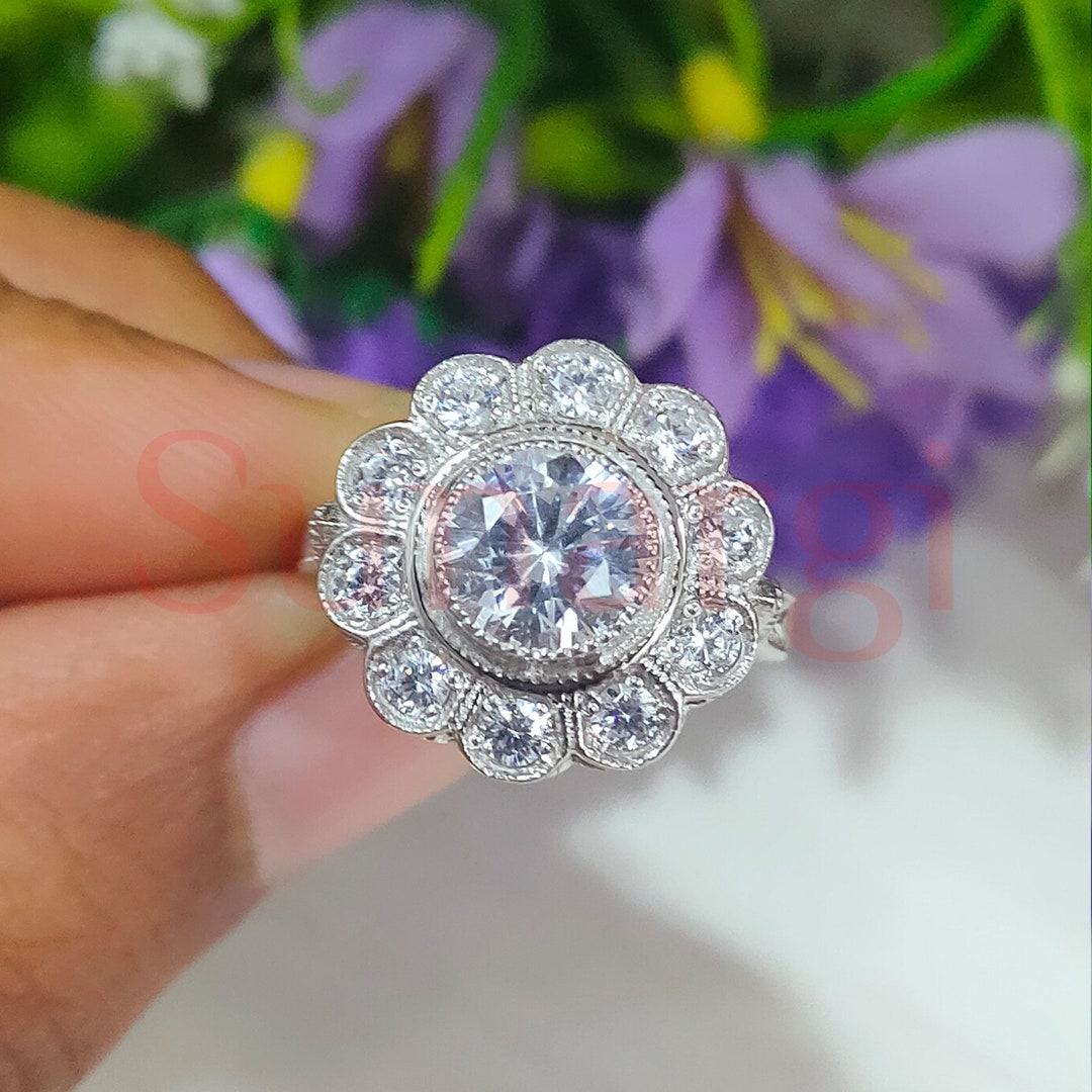 Halo Wedding Engagement Ring, Flower Shape Ring, 2.5 Ct Round Cut White ...