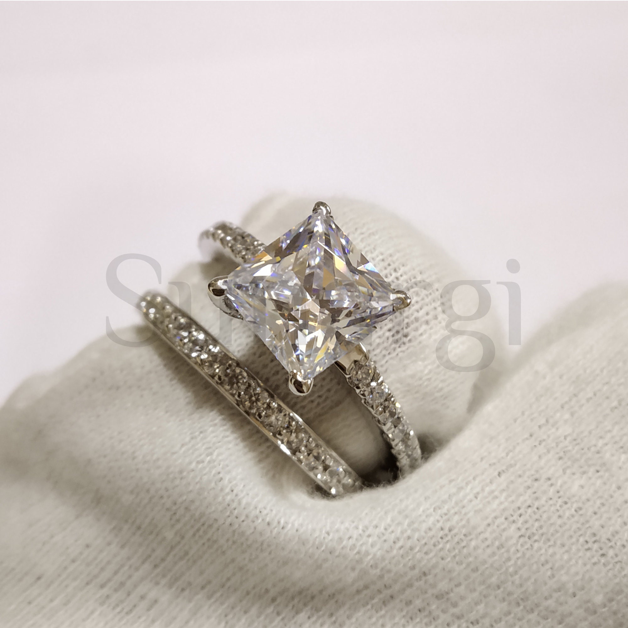 3 carat white sapphire rings Princess Cut Wedding Ring Set Etsy