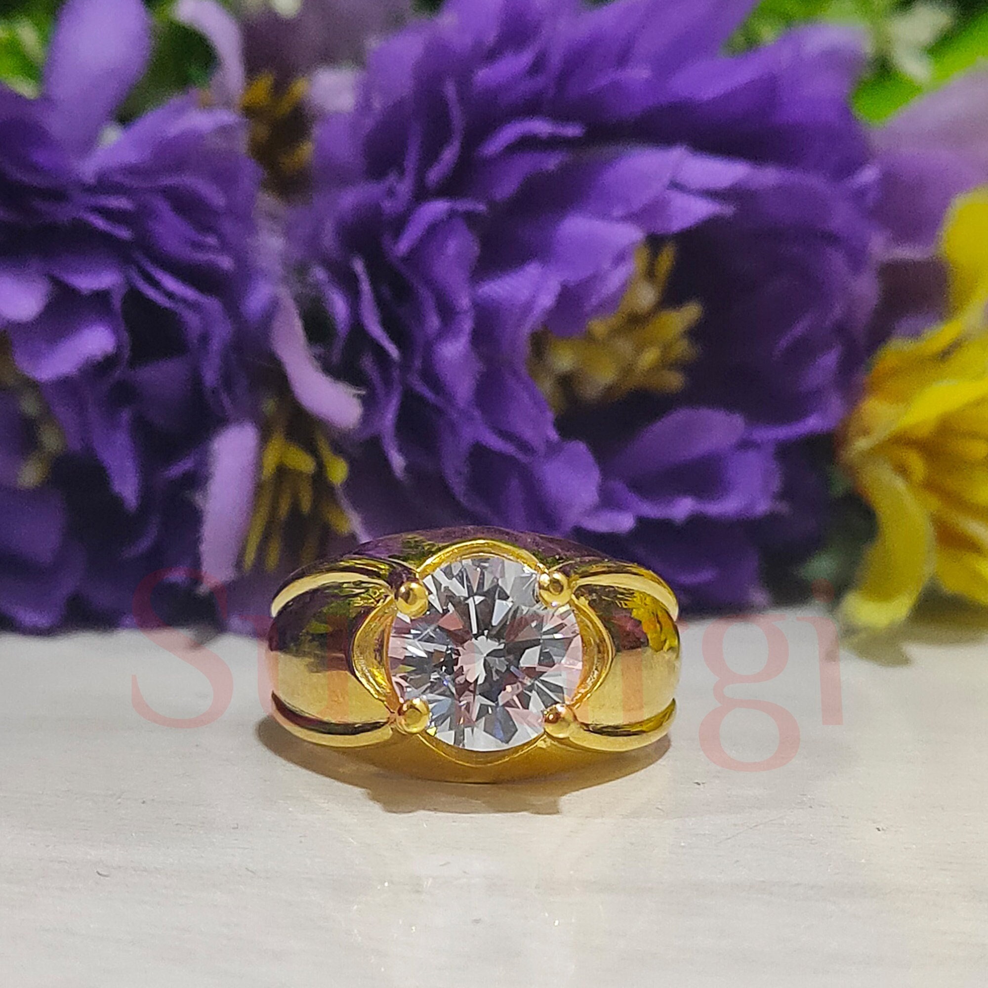 Men's Wedding Engagement Ring, 2.2 Ct Round Cut White Sapphire, Solitaire Ring, Anniversary Gift, Yellow Gold Finish, 925 Sterling Silver