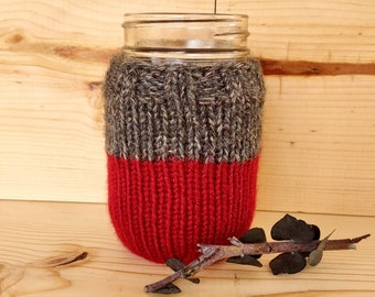 Mason Jar with Gray & Red Cozy