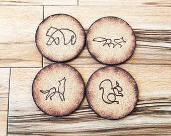 Minimalistic Animal Pyrography Coasters