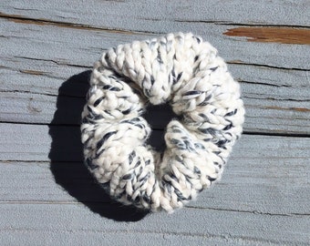 Chunky Ebony and White Marled Knitted Scrunchie