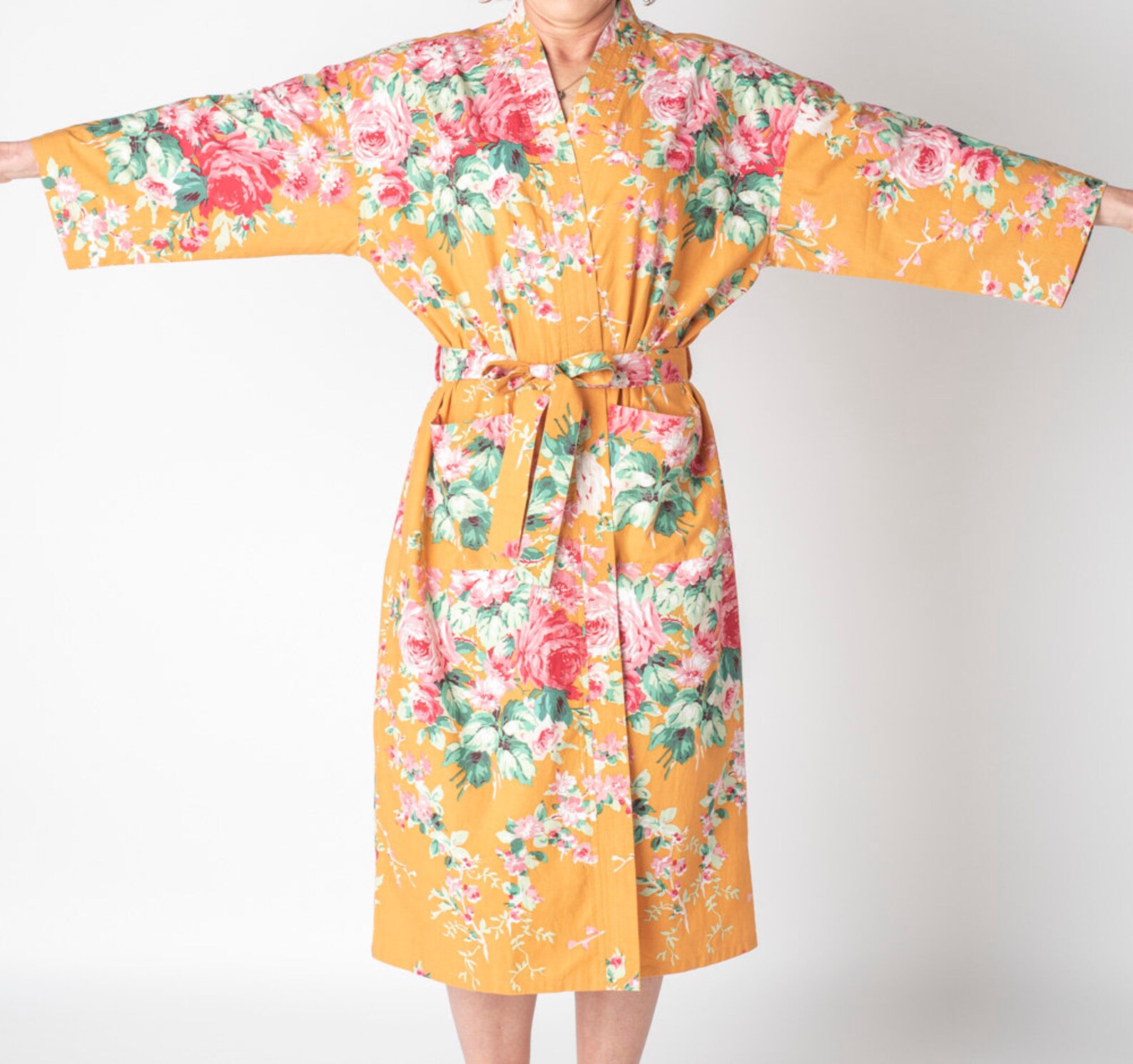 Kimono Dressing Gown / Cotton Floral / Orange Etsy