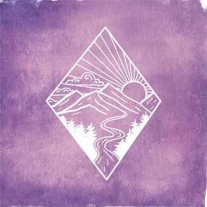 May include: A white line drawing of a mountain range with a winding river, a sun, and clouds inside a diamond shape on a purple background.
