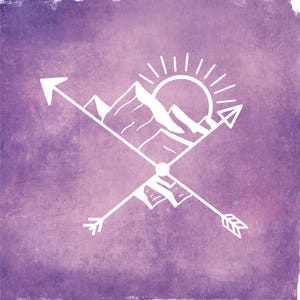 May include: A white line drawing of mountains, a sun, and two arrows crossing each other on a purple background.