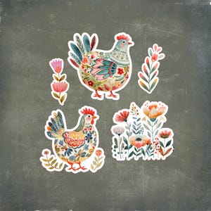 May include: Watercolor stickers featuring two chickens and floral elements. The chickens are adorned with colorful floral patterns in shades of blue, red, and yellow. The floral elements include pink and orange flowers and green leaves.