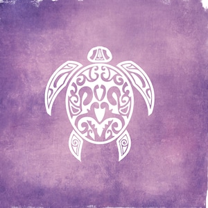 May include: A white stylized turtle design on a purple background. The turtle is drawn in a traditional Polynesian style with intricate patterns.