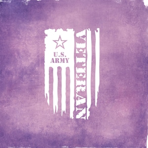 May include: A distressed white graphic of the U.S. Army flag with the word "VETERAN" on the right side, a star, and the text "U.S. ARMY" on a purple background.