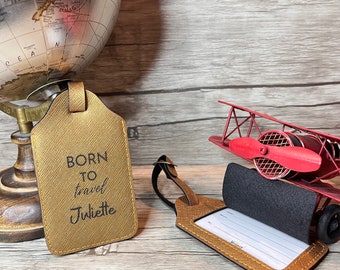 Personalized Gold Luggage Label Holder, Suitcase Label. Gift for travel lover.