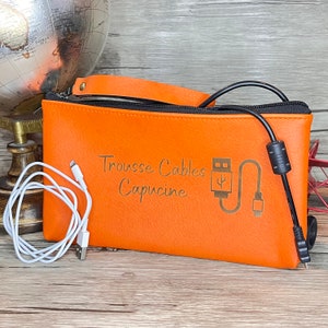 Orange Personalized Toiletry Bag. Travel bag, makeup bag, barber box, cable holder. Made in France in Sarthe.