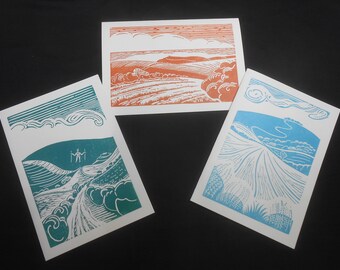 Summer on Mill Down original limited edition lino cut print of a Sussex landscape