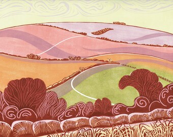 Summer on Mill Down original limited edition lino cut print of a Sussex landscape