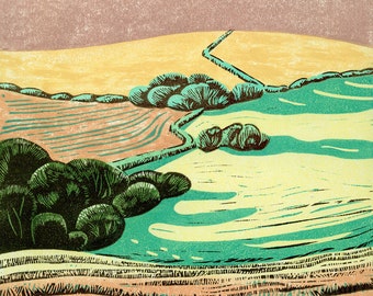 Summer on Mill Down original limited edition lino cut print of a Sussex landscape