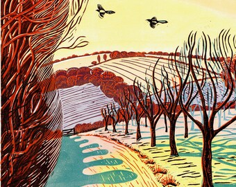 Summer on Mill Down original limited edition lino cut print of a Sussex landscape