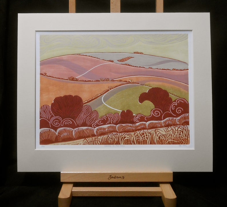 Summer on Mill Down original limited edition lino cut print of a Sussex landscape