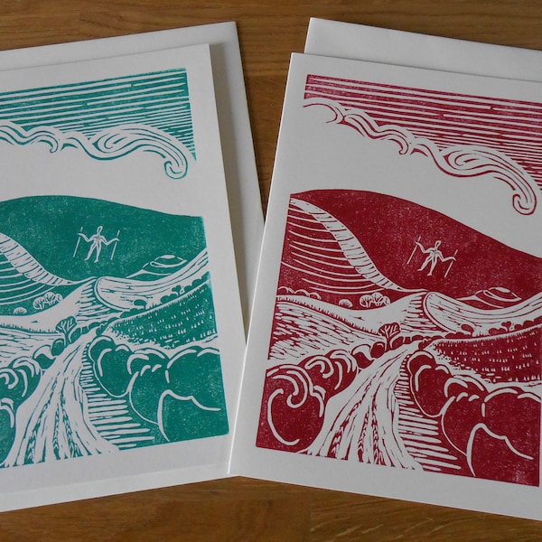 A5 hand-printed original lino-cut card showing the Long Man of Wilmington on the Sussex Downs