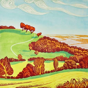 Autumn Hillside: linograbado de edición limitada producido a mano de Sussex Downs
