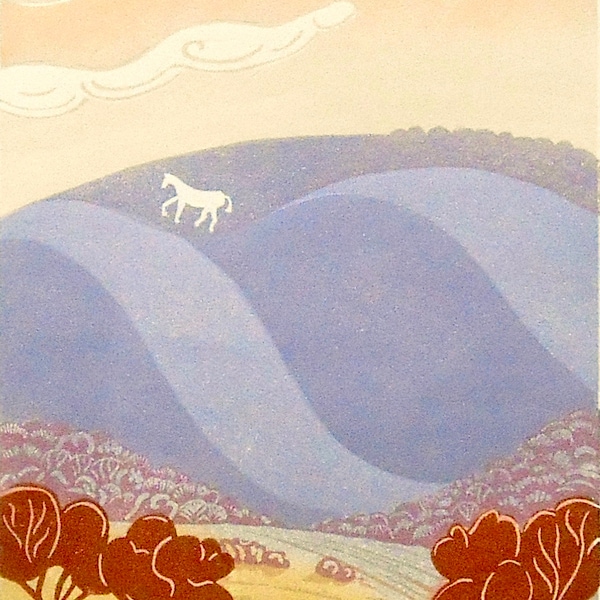Litlington Horse  - original limited edition lino cut print of a chalk hill figure on the South Downs near Seaford, East Sussex