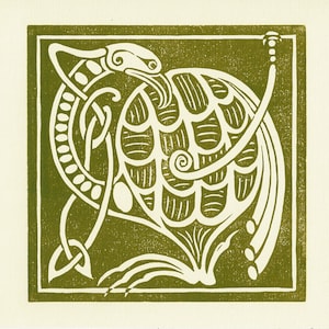 Celtic Bird - cartão original impresso à mão em corte de linóleo, desenhado e impresso por Ian O'Halloran