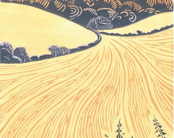 Folkington Hill - after the harvest  limited edition lino cut print of a Sussex landscape