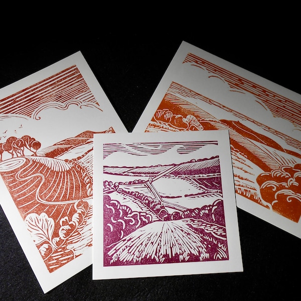 Hand-printed original lino-cut cards of Sussex Landscapes including Firle Beacon & Bell Tout Lighthouse