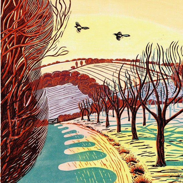 The Plantation - an original limited edition lino print of a landscape with trees and magpies