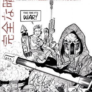Puede incluir: Portada de cómic en blanco y negro con un soldado futurista con mochila propulsora y una figura encapuchada con casco. El texto de la portada dice "Complete Darkness" y "This time it's war!"