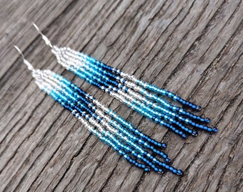 Blue Ombre Seed Bead Earrings, Long Fringe