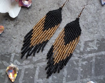 Gold  and black bead earrings, geometric earrings, beaded fringe earrings