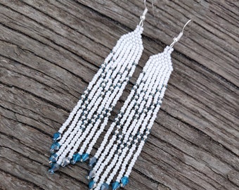 Long Blue Ombre Seed Bead Earrings, Beaded Fringe