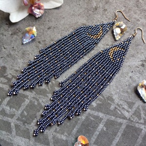 EXTRA Long dark blue bead earrings, Chameleon, navy blue earrings, beaded fringe earrings