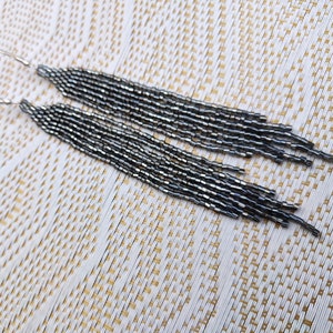 Grey  bead earrings, Blue long seed earrings, Long ombre earrings, beaded fringe earrings