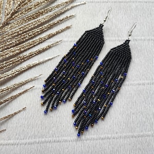Long black bead earrings, Starry night, Long ombre earrings, beaded fringe earrings