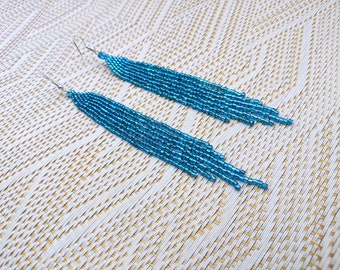 Long Blue Seed Bead Earrings, Ombre Fringe Earrings