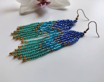 Long Seed Bead Earrings, Blue Emerald Ombre, Fringe Earrings